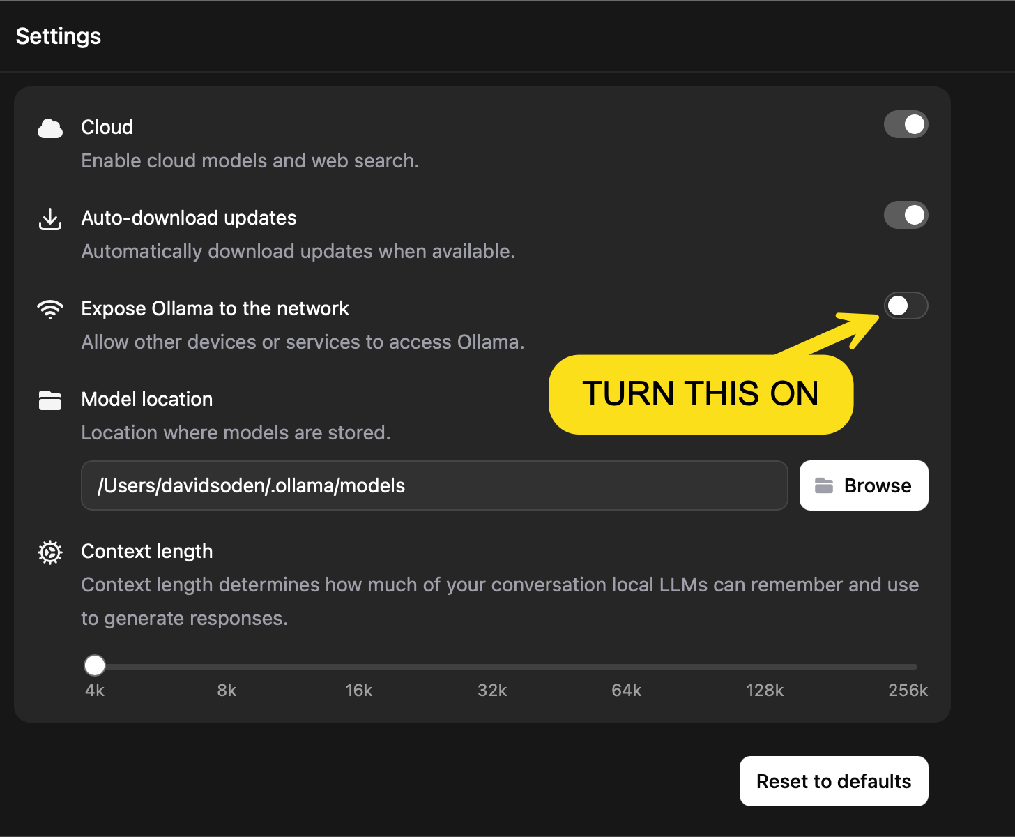 Ollama Settings panel with the 'Expose Ollama to the network' toggle highlighted and a yellow arrow labeled 'TURN THIS ON'.